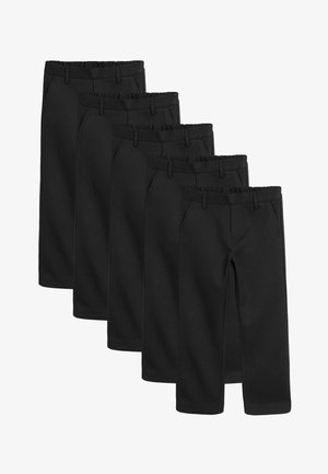 Cinci perechi de pantaloni casual negri, în diferite mărimi, aranjate de la cea mai mare la cea mai mică pe un fundal alb.