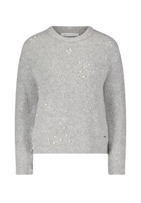 Helles graues Sweatshirt mit Rundhalsausschnitt, weicher Textur, mit dekorativen Perlen in unterschiedlichen Größen auf der Vorderseite und langen Ärmeln.