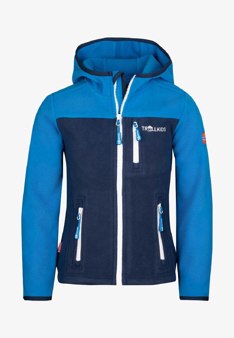 Fleece jacket featuring a blue and navy design, zippered front, two side pockets, and branded detailing on the chest and sleeve.