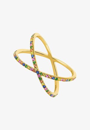 Anillo de oro con un diseño en espiral, adornado con cristales multicolores a lo largo de los bordes, con un acabado suave y pulido.