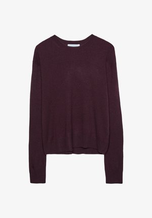 Pull à col rond long à manches longues de couleur violet foncé, avec des poignets et un ourlet côtelés, légèrement court, fabriqué en tissu tricoté doux.