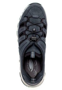 Dark blue athletic shoe with suede and mesh upper, elastic laces, padded collar, and white rubber sole. Features a textured design.