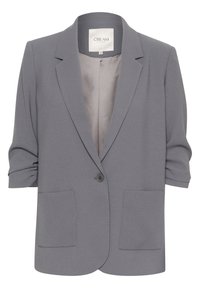 Blazer gris en tissu texturé, avec une fermeture à un bouton, deux poches avant et des manches courtes retroussées.
