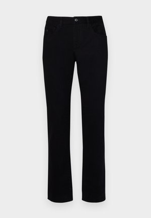 Pantaloni din denim negru cu croială dreaptă, design cu cinci buzunare, fermoar și închidere cu buton metalic. Textură netedă, accente de cusături minime.