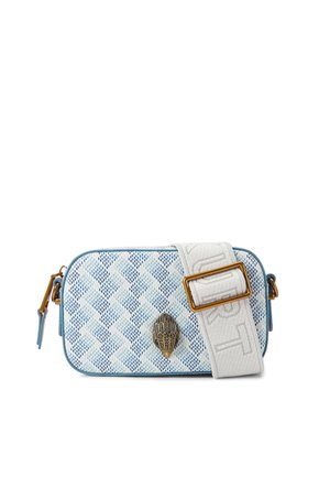 Rectangular bag in blue and white mesh, featuring a hand-shaped emblem, gold hardware, and a textured strap with off-white detailing.