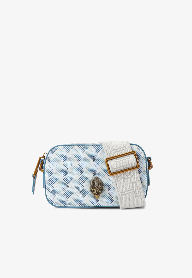 Rectangular bag in blue and white mesh, featuring a hand-shaped emblem, gold hardware, and a textured strap with off-white detailing.