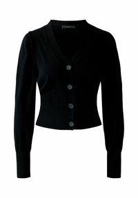 Schwarzer Cardigan mit tiefem V-Ausschnitt, langen Ärmeln und Knopfverschluss. Verfügt über strukturierte Puffärmel und eine figurbetonte Silhouette.