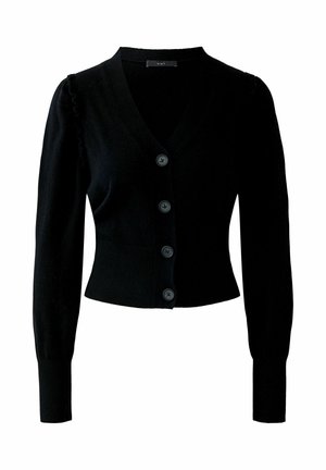 Schwarzer Cardigan mit tiefem V-Ausschnitt, langen Ärmeln und Knopfverschluss. Verfügt über strukturierte Puffärmel und eine figurbetonte Silhouette.