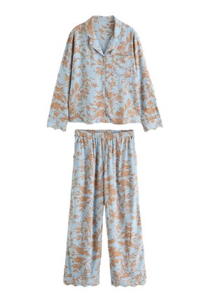 Light blue long-sleeve button-up pajama top and matching pants with orange floral pattern and elastic waistband on pants.