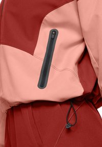 Rot und rosa zweifarbige Jacke mit einer Reißverschlusstasche, elastischem Kordelzug in der Taille und glattem, leichtem Stoff.