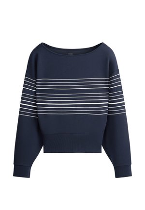 Marineblå cropped sweatshirt med lange ærmer, hvide vandrette striber over bryst og ærmer, bred halsudskæring og ribstrikkede manchetter.