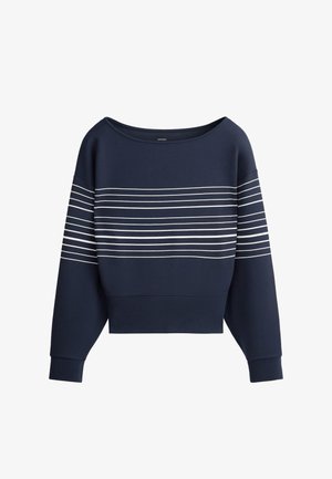 Marineblå cropped sweatshirt med lange ærmer, hvide vandrette striber over bryst og ærmer, bred halsudskæring og ribstrikkede manchetter.