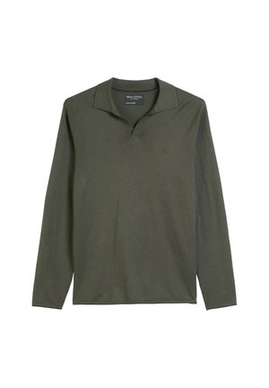 Lange mouwen polo shirt in donkergroene katoenmix, met een V-hals, ribgebreide manchetten en een klein logo op de borst.