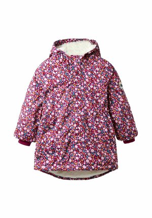 Blumenmuster Wintermantel in Pink und Lila mit einem flauschigen weißen Futter, Kapuze und elastischen Bündchen. Hat eine leicht übergroße Passform.