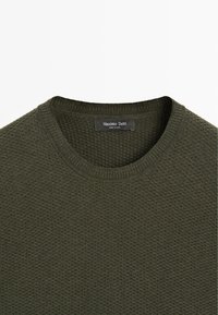 Maglione verde lavorato a maglia con scollo rotondo e motivo strutturato. Etichetta interna con la scritta "Massimo Dutti". Il materiale mostrato è morbido e tessuto.