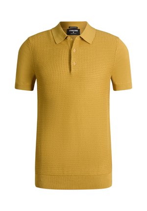 Mosterdgele polo met korte mouwen, een getextureerde waffle knit voorkant, drie knopen en een klassieke kraag.