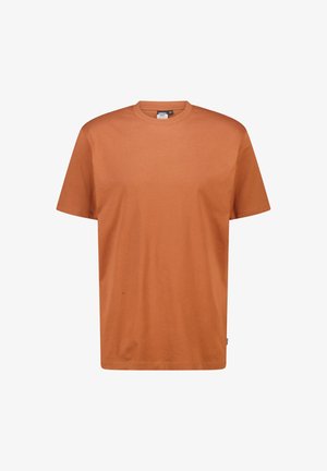 Katoenen T-shirt in baksteenoranje, met een ronde hals en korte mouwen, een gladde textuur en een rechte snit.