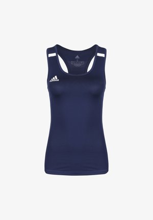 Canottiera sportiva blu navy realizzata in materiale liscio ed elastico, con design a schiena incrociata e strisce bianche di accento sulle spalle. Logo Adidas sul davanti.
