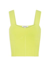 Limonkowo-zielony krótki top o dopasowanym kroju, szerokich ramiączkach i strukturalnych szwach. Wykonany z elastycznej prążkowanej tkaniny.
