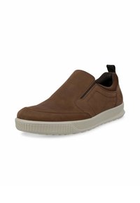 Brun slip-on sko lavet af glat læder med en tekstureret lys sål, der har elastiske sidepaneler og en trækflap for nem påtagning.