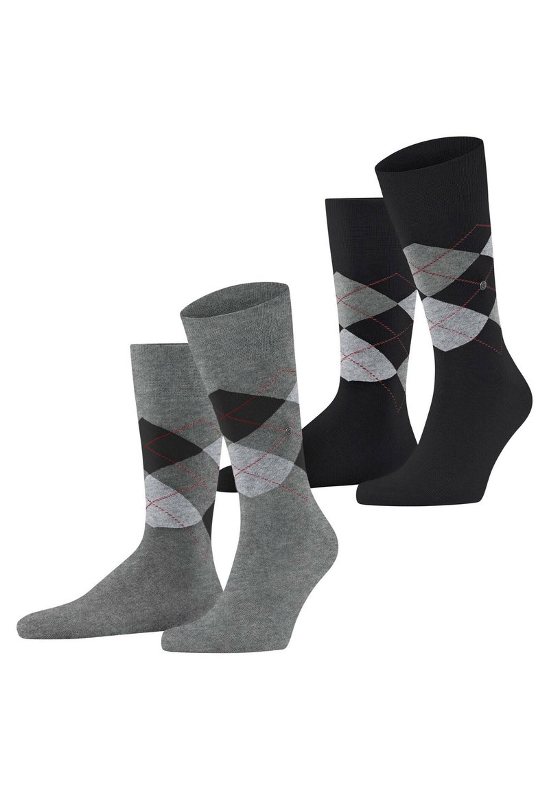 Quatre paires de chaussettes : deux paires en argyle gris avec des losanges noirs et blancs, et deux paires noires unies. Matière tricotée douce, longueur cheville avec un ajustement confortable.