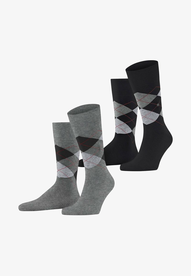 Quatre paires de chaussettes : deux paires en argyle gris avec des losanges noirs et blancs, et deux paires noires unies. Matière tricotée douce, longueur cheville avec un ajustement confortable.