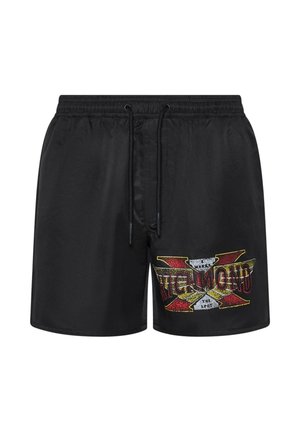 Costume da bagno nero con elastico in vita e coulisse, con grafica rossa, gialla e bianca con la scritta "Richmond" sulla gamba sinistra.