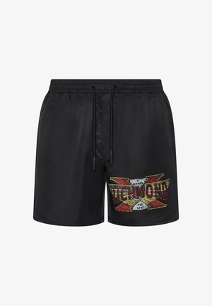 Costume da bagno nero con elastico in vita e coulisse, con grafica rossa, gialla e bianca con la scritta "Richmond" sulla gamba sinistra.