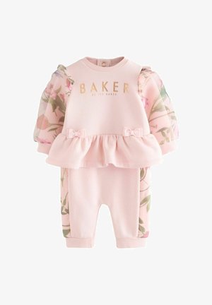 Pink baby romper with floral sheer puff sleeves, ruffled peplum waist, two small bows, and gold "BAKER by Ted Baker" text on chest.