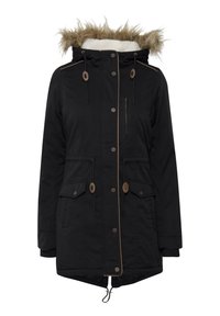 Black parka jacket with faux fur-lined hood, zippered chest pocket, snap buttons, and adjustable drawstring waist. Features two front pockets.