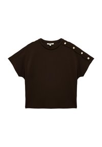 Ciemnobrązowy t-shirt z krótkimi rękawami, luźnym krojem i dekoracyjnymi guzikami na jednym ramieniu. Wykonany z miękkiego, teksturowanego materiału.