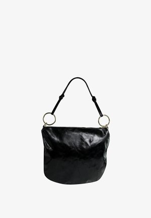 Black leather shoulder bag with a smooth texture, a curved shape, and two gold circular hardware rings attached to a black strap.