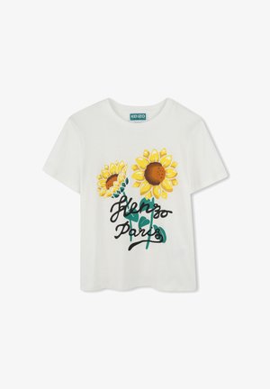 T-shirt en coton blanc avec deux tournesols jaunes et le texte noir "Kenzo Paris". Manches courtes, col rond et coupe décontractée.