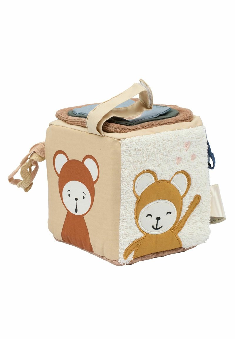 Soft fabric cube toy featuring bear designs in warm colors, textured panels, and a top handle for easy carrying.