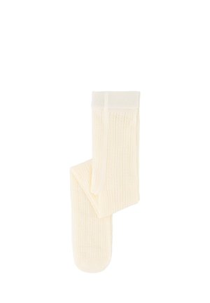 Calcetines altos hasta la rodilla de punto acanalado color crema, doblados sobre un fondo blanco.