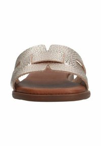 Front view of a metallic textured slip-on sandal with a wide strap and a brown cushioned sole.