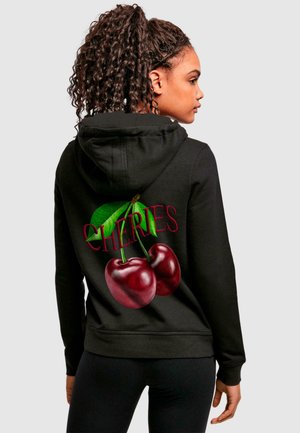 Black hoodie featuring a large, colorful cherry graphic with green leaves and the word "CHERIES" in red letters on the back.