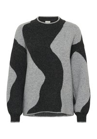 Sweater made of soft knit fabric featuring a wavy pattern in dark gray and light gray. Round neckline and long sleeves with ribbed cuffs.