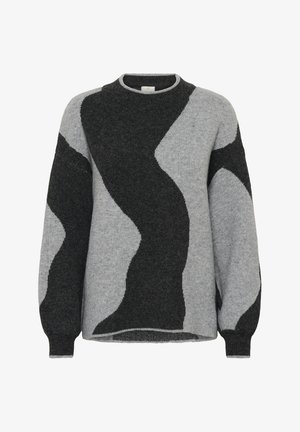 Maglione realizzato in morbidissimo tessuto a maglia con un motivo ondulato in grigio scuro e grigio chiaro. Collo rotondo e maniche lunghe con polsini a costine.