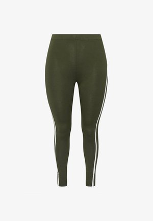 Leggings verde oliva con fascia elastica in vita e strisce verticali bianche che corrono lungo i lati esterni di entrambe le gambe.