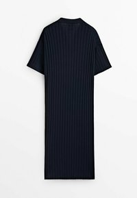 Navy blue ribbed knitted dress with short sleeves, a collared neck, and a long straight cut. Smooth texture, minimalistic design.