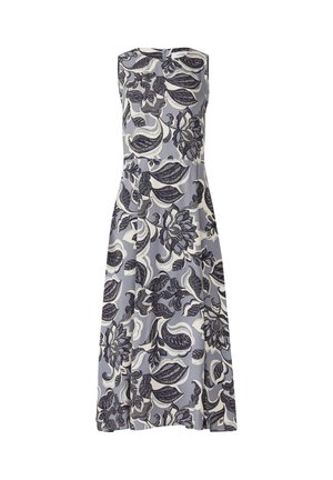 Abito senza maniche con stampa floreale in tessuto grigio chiaro con motivo blu scuro e crema. Silhouette a-line; lunghezza al ginocchio con cerniera sul retro.