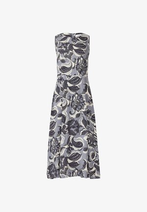 Ärmelloses Kleid mit Blumenmuster aus hellgrauem Stoff mit dunkelblauen und cremefarbenen Mustern. A-Linie; knielang mit einem Reißverschluss auf der Rückseite.