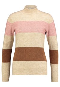 Stickad tröja med en hög krage, prydd med horisontella ränder i beige, rosa och brunt. Mjuk textur, åtsittande ärmar och ribbade muddarna.