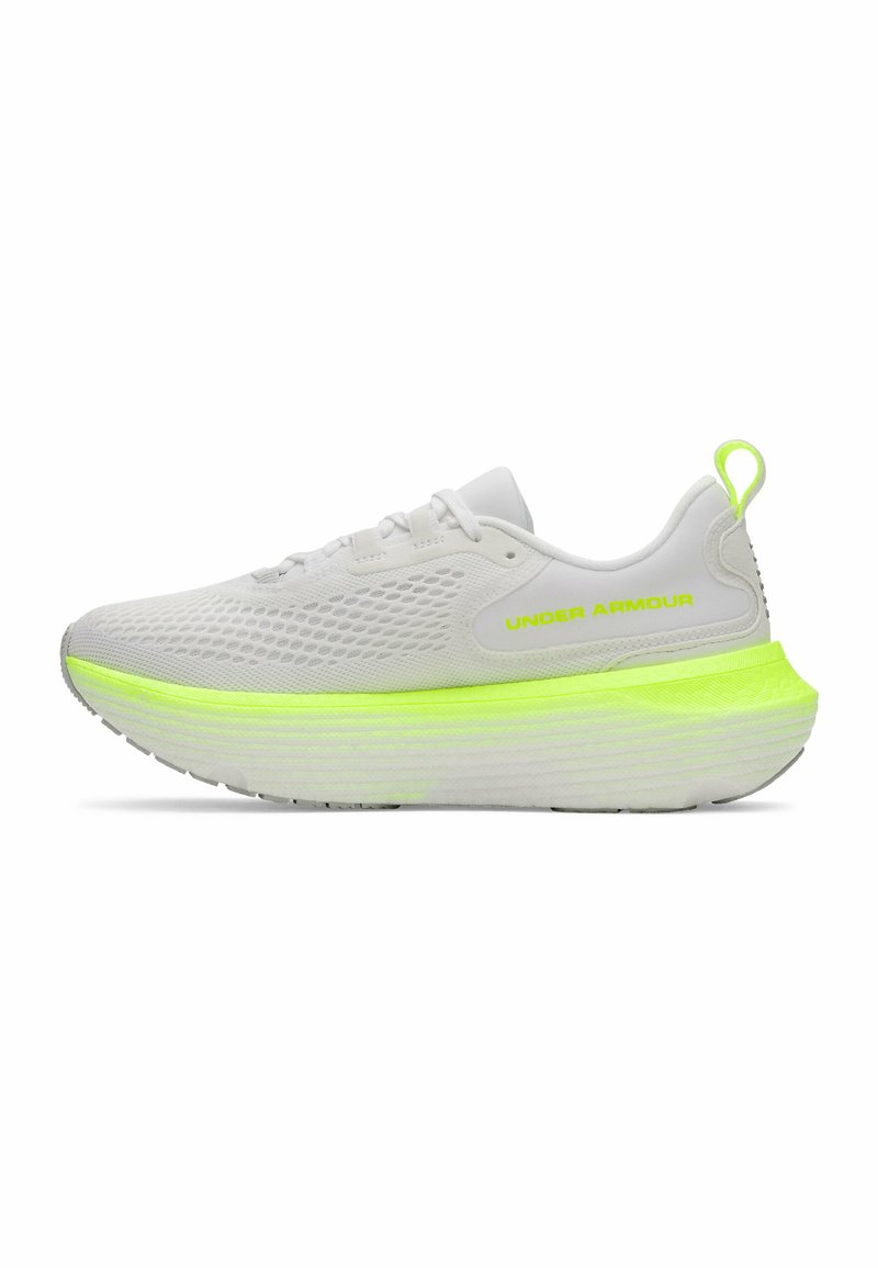 White athletic shoe with mesh upper, neon yellow accent on the outsole, textured design, and minimalist lace closure.