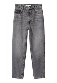 Jean gris en denim taille haute, coupe droite, avec cinq poches et fermeture par boutons, présenté sur fond blanc.