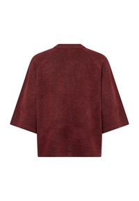Burgundowy, oversize sweter, z krótkimi rękawami i luźnym krojem. Wykonany z teksturowanej dzianiny, o prostym, nieozdobionym wzorze.
