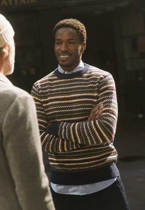 Knit sweater featuring multicolored stripes in brown, navy, green, and cream, with a ribbed crew neckline and cuffs. Lightweight texture.