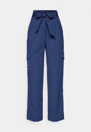 Navy blue cargo trousers with a high waist, tie belt, and two side pockets. Fabric has a smooth texture and a straight leg design.