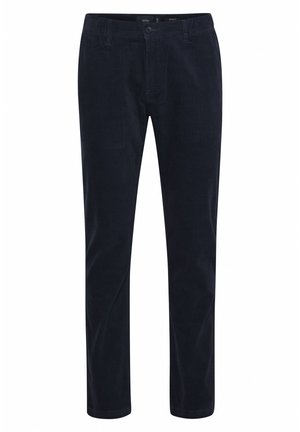 Marineblå kordfløjl bukser med lige pasform, der har to for-lemmer, knaplukning og en subtil tekstur i hele stoffet.